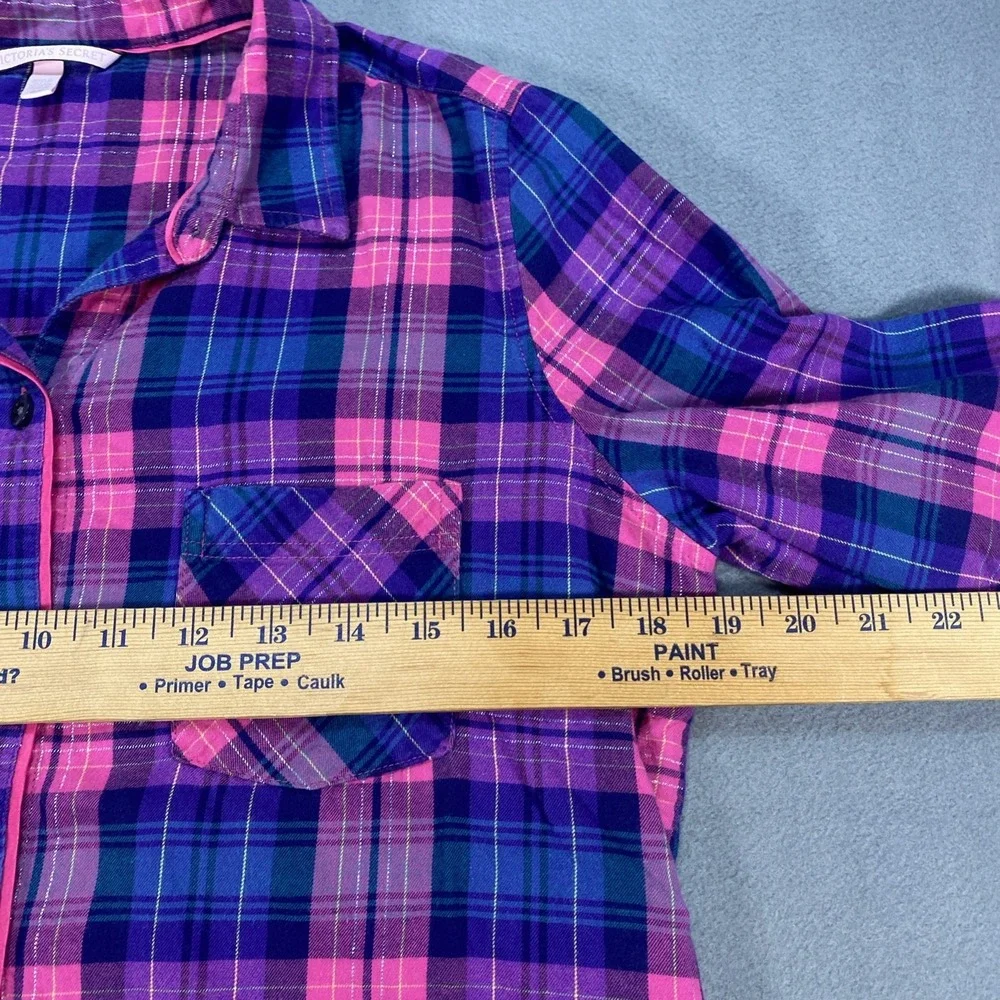 Victoria's Secret Small Y2K Plaid Light Flannel Pajama Set Pink Blue Roll Tab